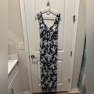 Derek Hart Women’s Jumpsuit Romper Tropical Floral Palm Leaf Blue White NWT